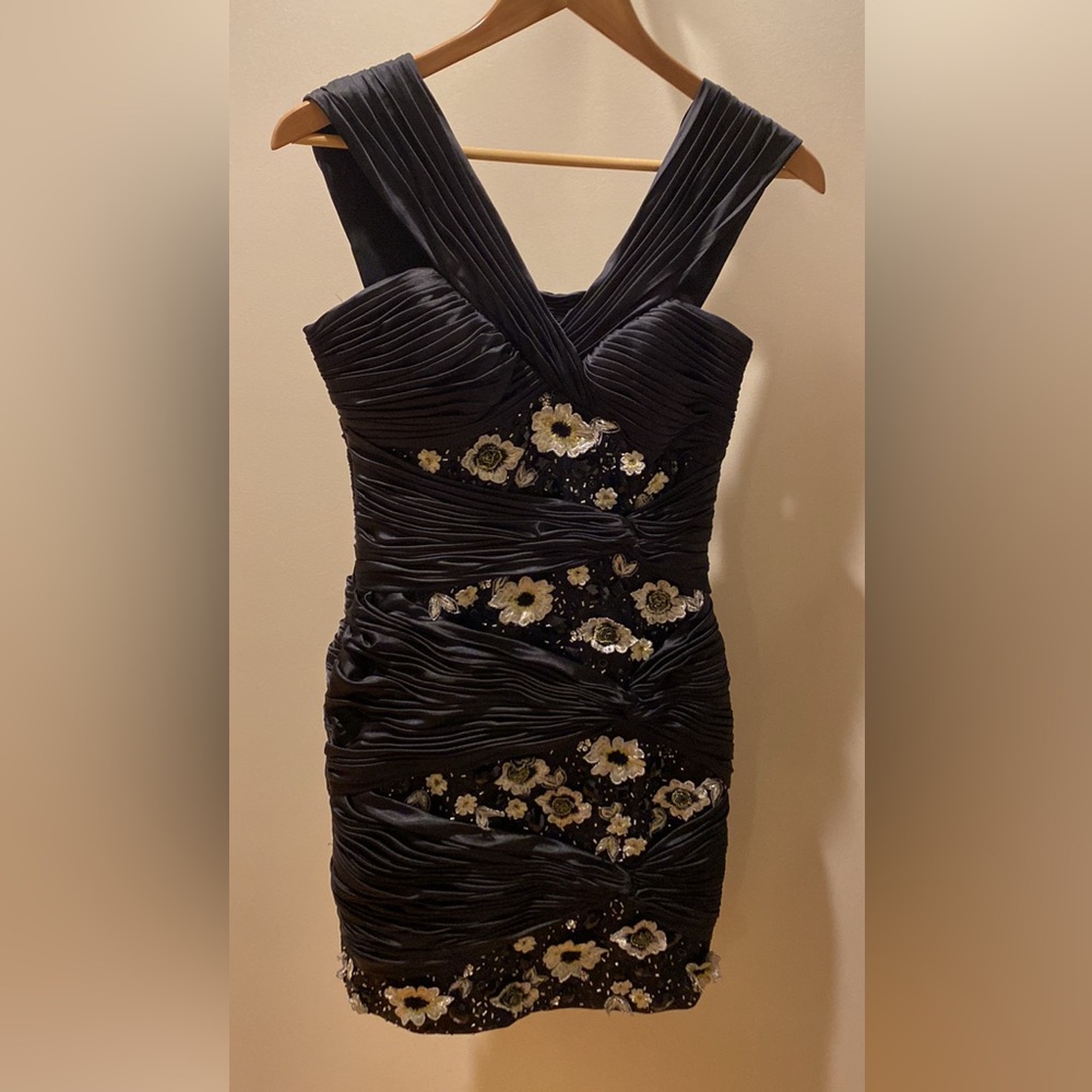 Terani Couture Black Ruched Evening Dress with Gold Floral Embroidery